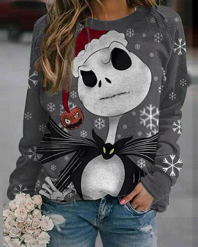 Christmas Snowman Print Round Neck Long Sleeve Sweatshirt