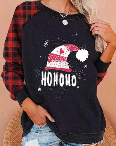 Christmas Print Round Neck Long Sleeve Plaid Patchwork Sweatshirt