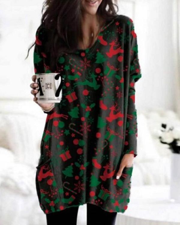 Christmas Print Bat Sleeve Pockets Casual Blouses Tops