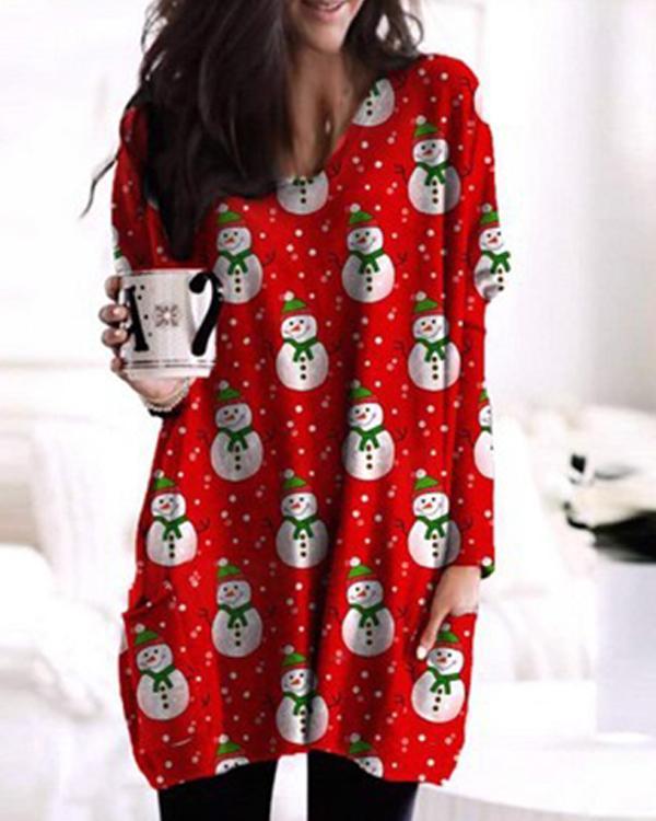 Christmas Print Bat Sleeve Pockets Casual Blouses Tops