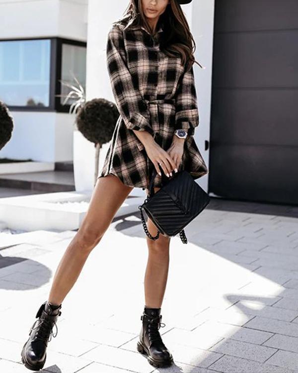 Plaid Long Sleeve Belt Shirt Dress