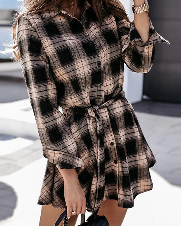 Plaid Long Sleeve Belt Shirt Dress