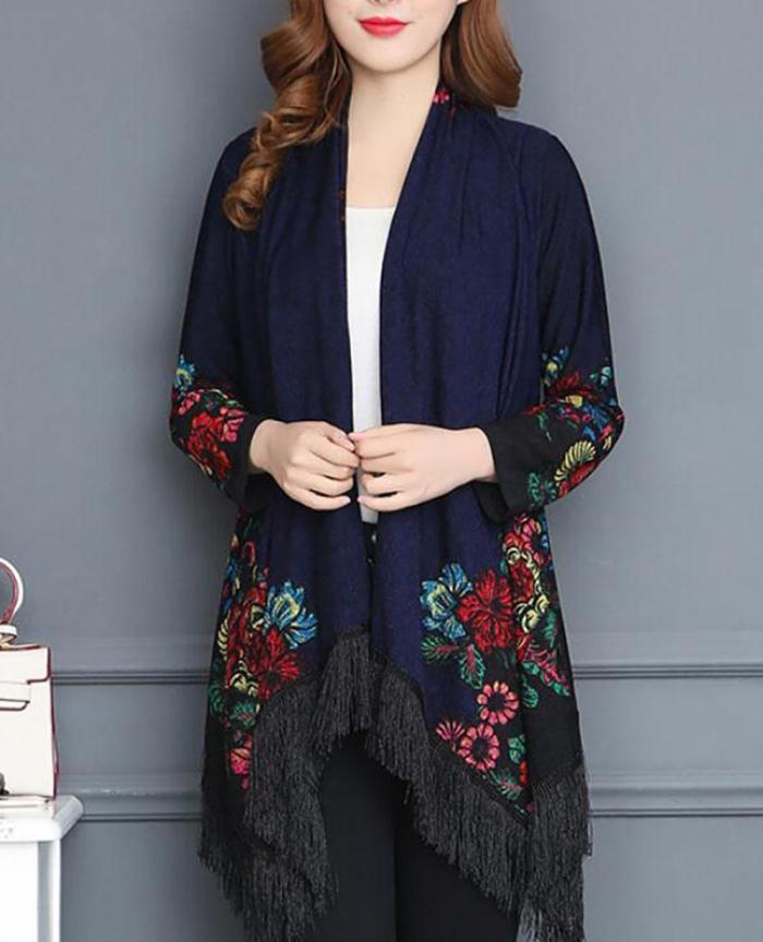 Shawl Collar Long Sleeve Vintage Floral Asymmetrical Coat