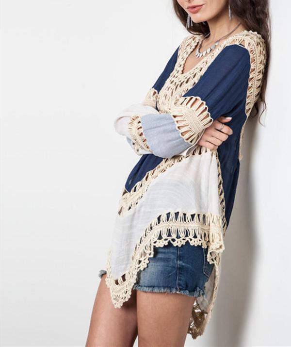 Women Casual Long Sleeve Lace Knitwear Pullover Crochet Blouse Tops