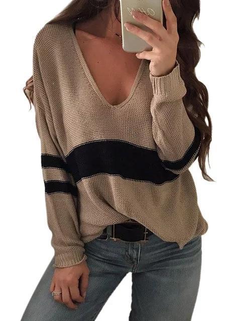 Knitted Basic Plus Size Striped V neck Casual Sweater