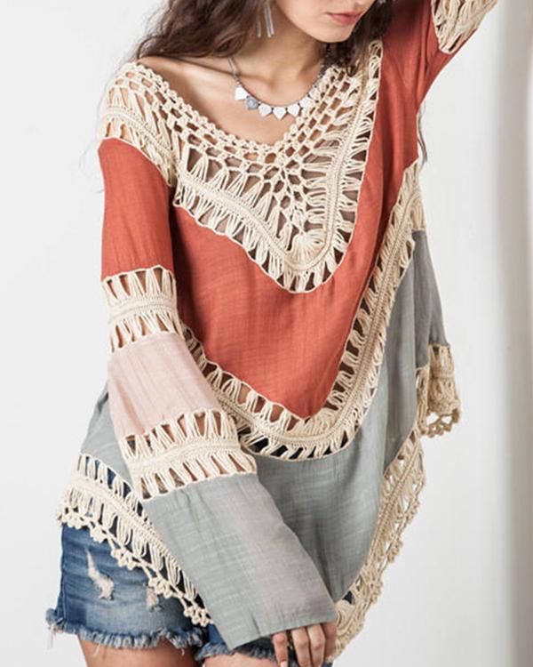Women Casual Long Sleeve Lace Knitwear Pullover Crochet Blouse Tops