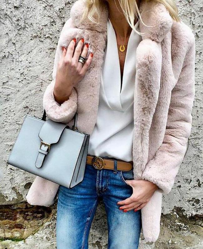 Autumn and Winter Women  Sexy Long Sleeve Fur Solid Color Cardigan Faux Fur Collar Jacket