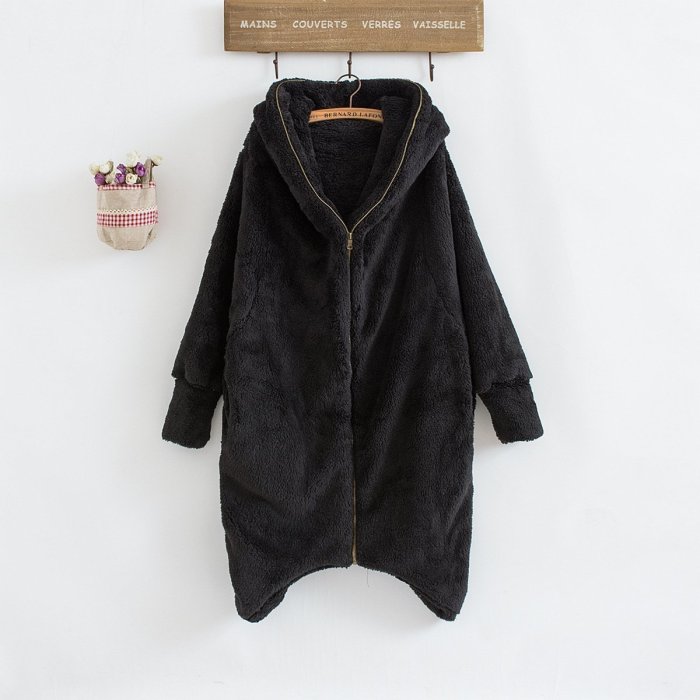 Plus Size Cozy Fuzzy Long Sleeve Hooded Zipper Irregular Hem Coats