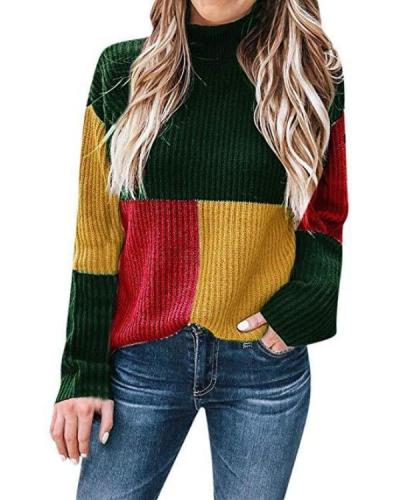 Women's Knitted Sweater Casual Colorblock Stand Long Sleeve Sweater