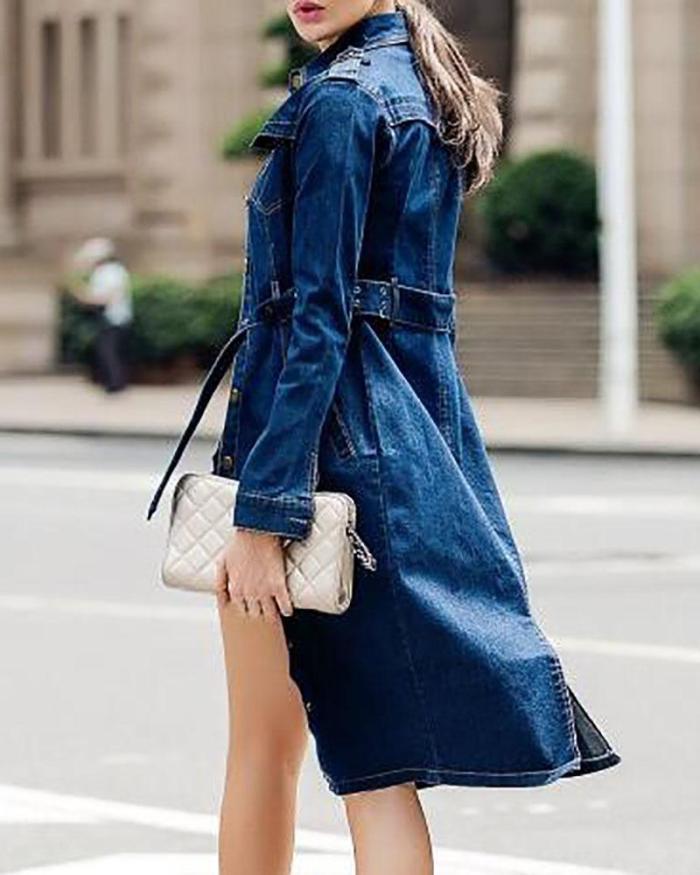 Dark blue Long Sleeve Shirt Collar Trench Coat