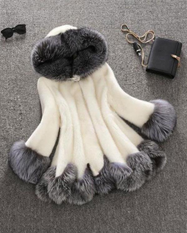 Women's Fur Coat Patchwork With Hoodie Fashion Coat