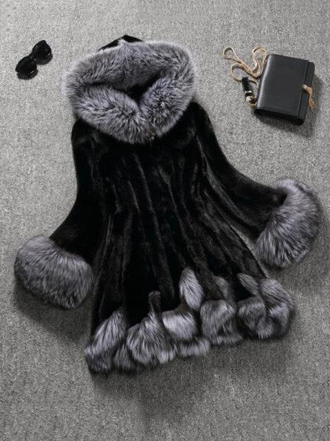 Women's Fur Coat Patchwork With Hoodie Fashion Coat