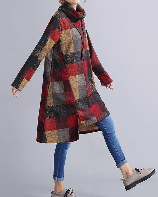 Women Plaid Print Turtleneck Irregular Full Vintage Cotton Long Sleeve Dress