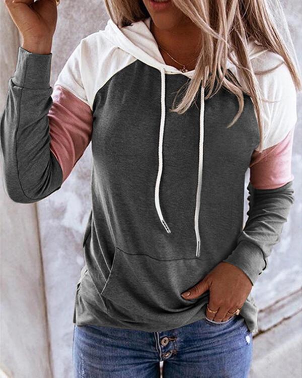 Womens Long Sleeve  Color Block Hoodie Pullover Hooded Sweatshirt