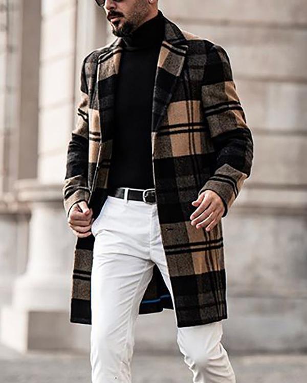 Mens Trench Coat Trendy Plaid Pattern Woolen Button Over Coat