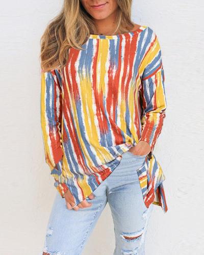 Striped Round Neck Long Sleeves Casual T-shirts