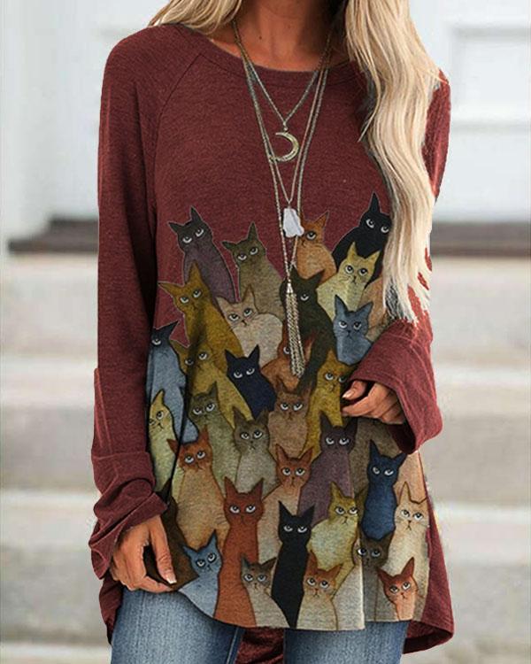 Casual Loose Cat Print Round Neck Long Sleeve T-shirt