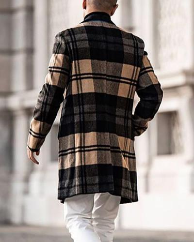 Mens Trench Coat Trendy Plaid Pattern Woolen Button Over Coat