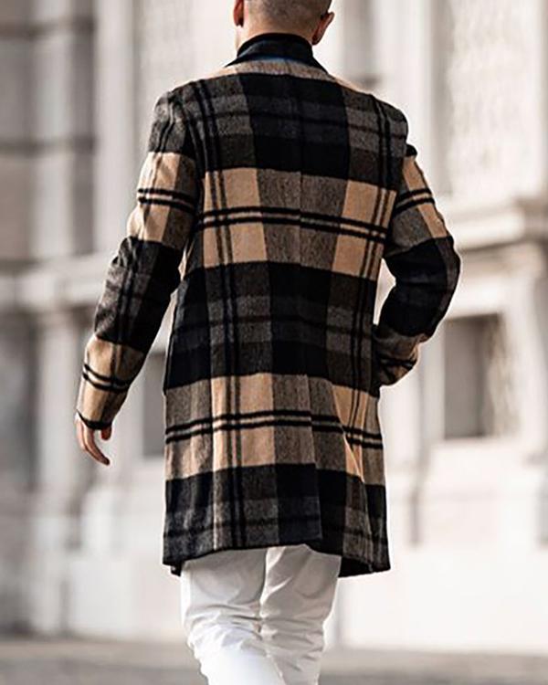 US 61.89 Mens Trench Coat Trendy Plaid Pattern Woolen Button Over