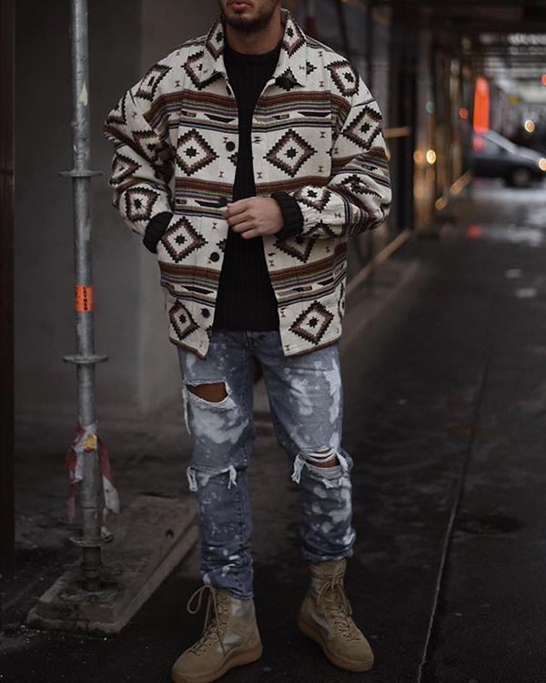 White Printed Vintage Tribal Outerwear