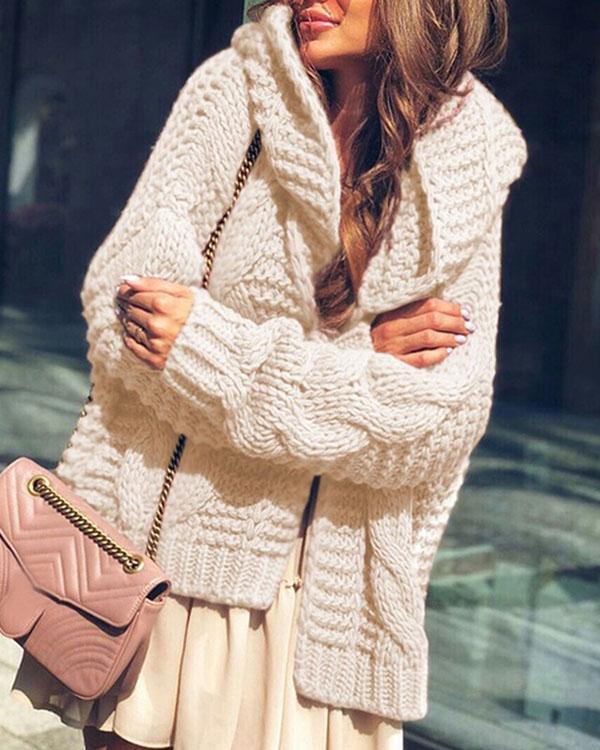 Women Pure Color Cable Knit Chunky Hooded Sweater Cardigan