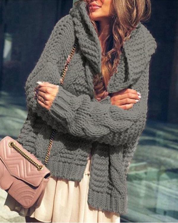 Women Pure Color Cable Knit Chunky Hooded Sweater Cardigan