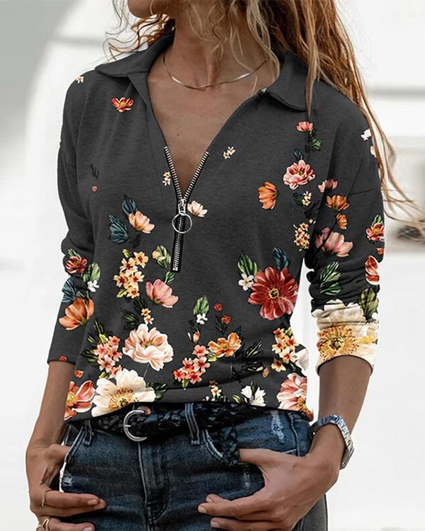 Print Floral Lapel Long Sleeves Casual Blouses