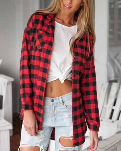 Women's Cotton Red Plaid Pockets Loose Shirts