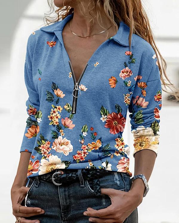 Print Floral Lapel Long Sleeves Casual Blouses