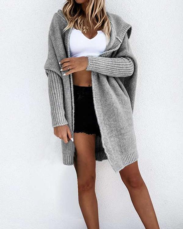 Solid Casual Oversize Hooded Cardigan