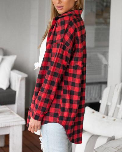 Women's Cotton Red Plaid Pockets Loose Shirts