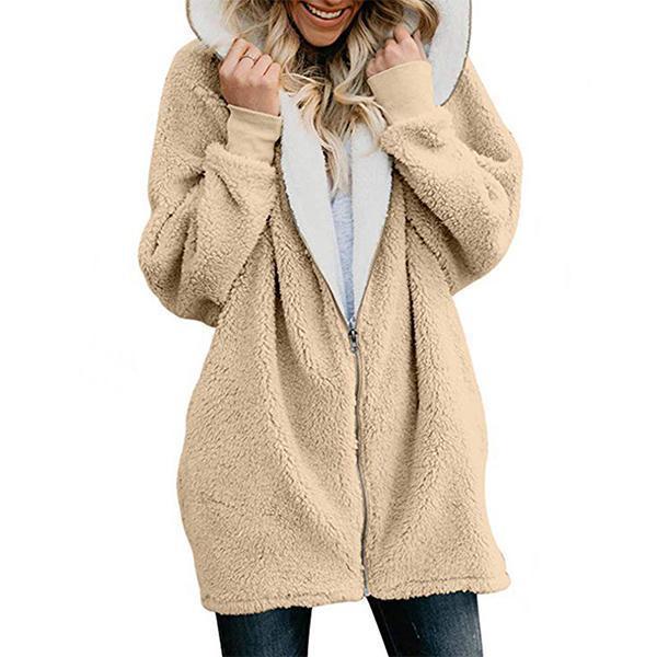 Zipper Cashmere Solid Long Sleeve Hoodie Coats