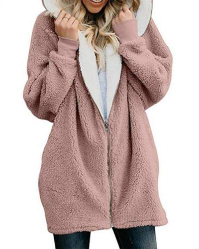 Zipper Cashmere Solid Long Sleeve Hoodie Coats