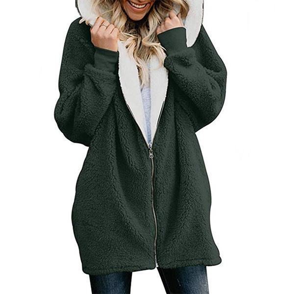 Zipper Cashmere Solid Long Sleeve Hoodie Coats