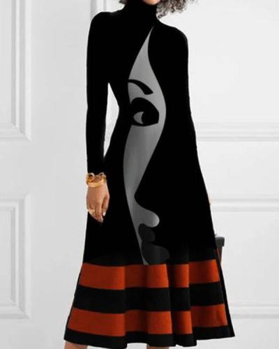 Turtle Neck Long Sleeve Figure Print Dress