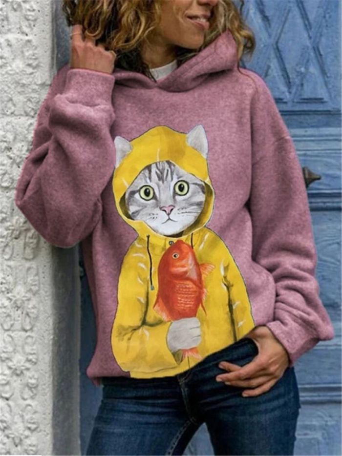 Cartoon Cat Print Long Sleeve Casual Hoodie For Women