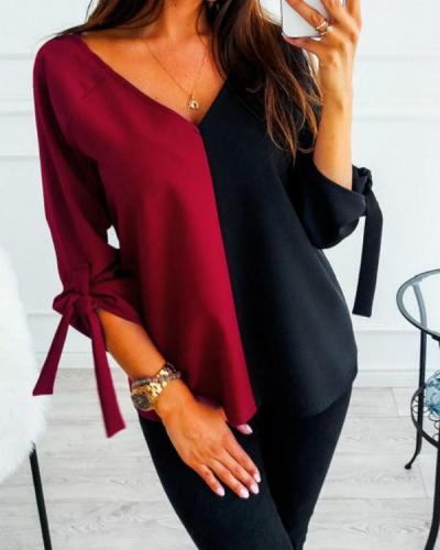 Solid Elegant V Neck Bow Color-Block T-shirts Tops