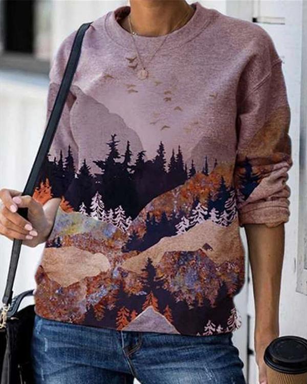 Landscape Print O-neck Long Sleeve Casual Sweatshirt For Women