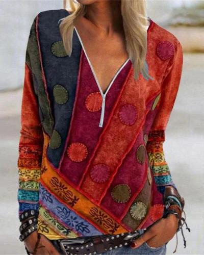 V Neck Abstract Long Sleeve Shift Shirts & Tops