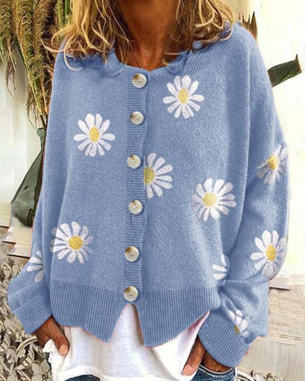Long Sleeve Cotton-Blend Shift Daisy Sweater