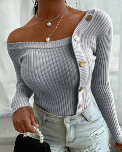 Fashion Knitted Sexy V Neck Button Bodycon Sweater