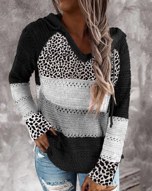 Long Sleeve V Neck Cotton-Blend Leopard Hooded Sweater