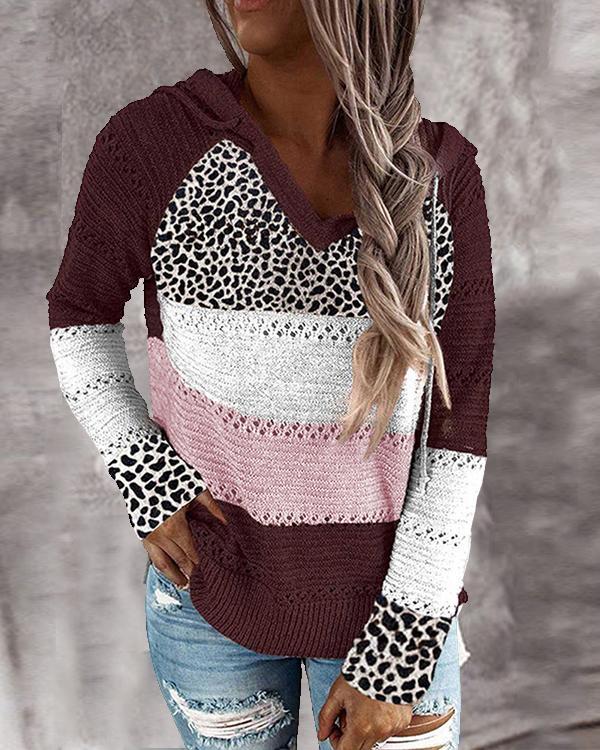 Long Sleeve V Neck Cotton-Blend Leopard Hooded Sweater