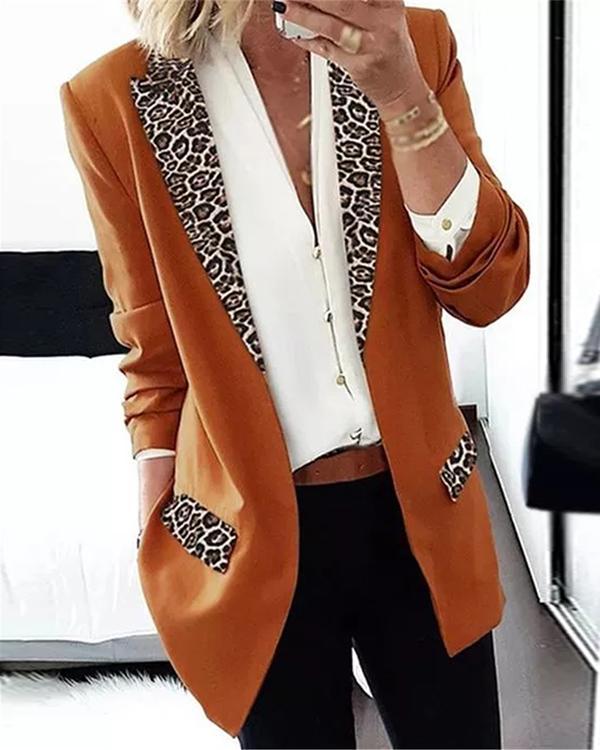 Long Sleeve Lapel Pockets Leopard Print Blazers
