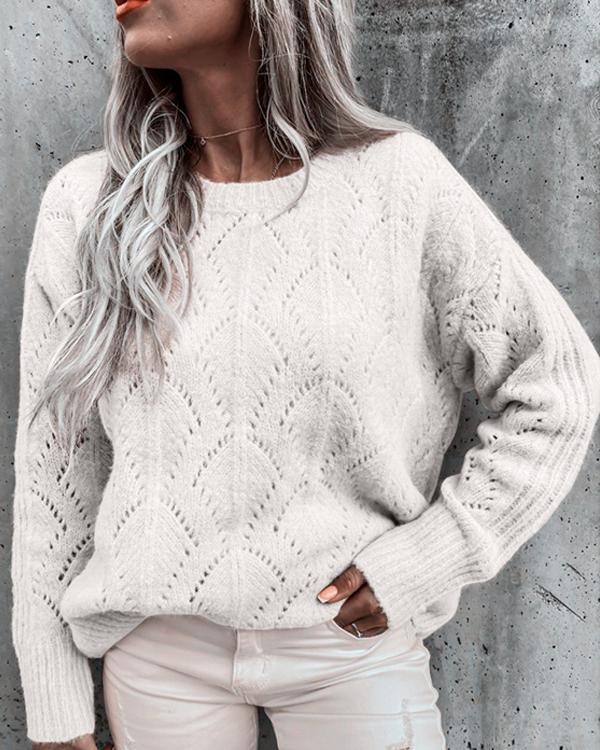 Knitted Leaf Hollow Crew Neck Sweater Pullover