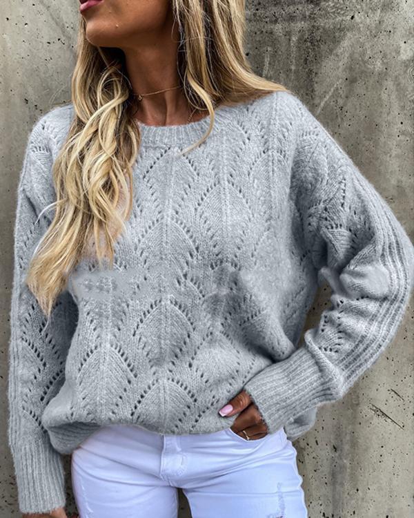 Knitted Leaf Hollow Crew Neck Sweater Pullover