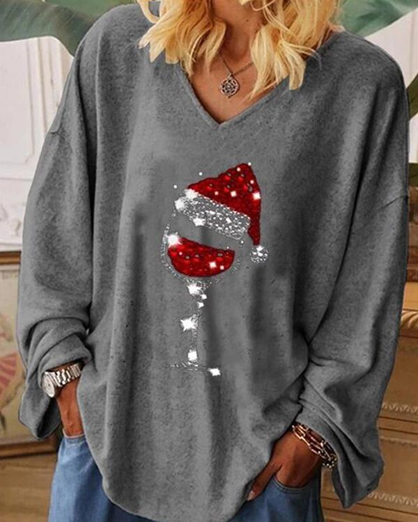 Casual Christmas Wine Glass Print V-neck Blouses