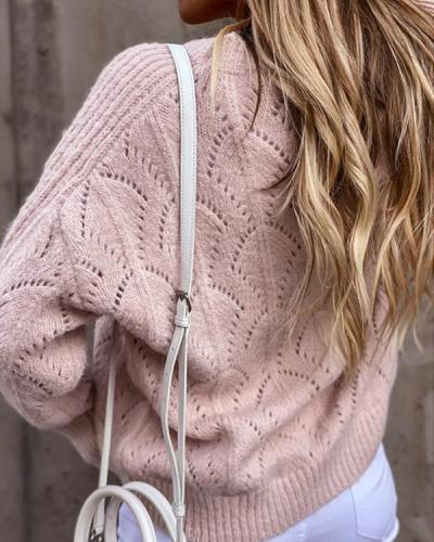 Knitted Leaf Hollow Crew Neck Sweater Pullover