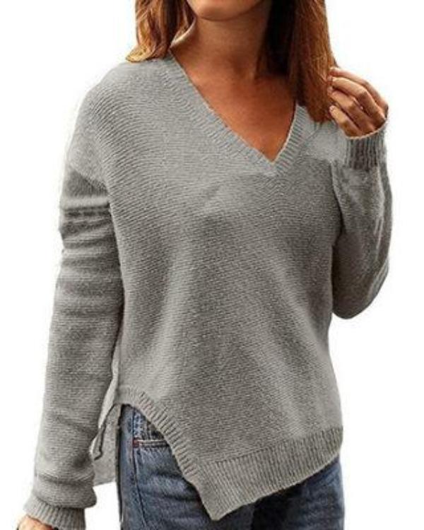 V-Neckline Solid Loose Sweaters