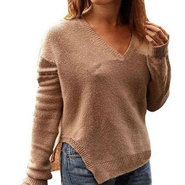 V-Neckline Solid Loose Sweaters